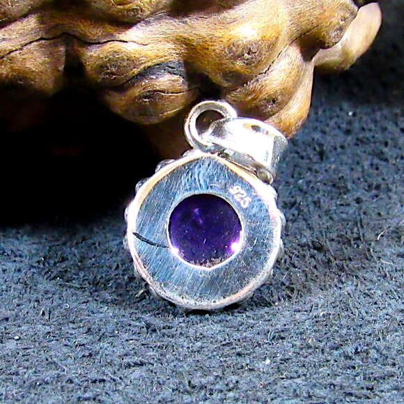 Solid 925 Sterling Silver Round Amethyst Drop Pendant - Bali Style Jewelry - Picture 3 of 8